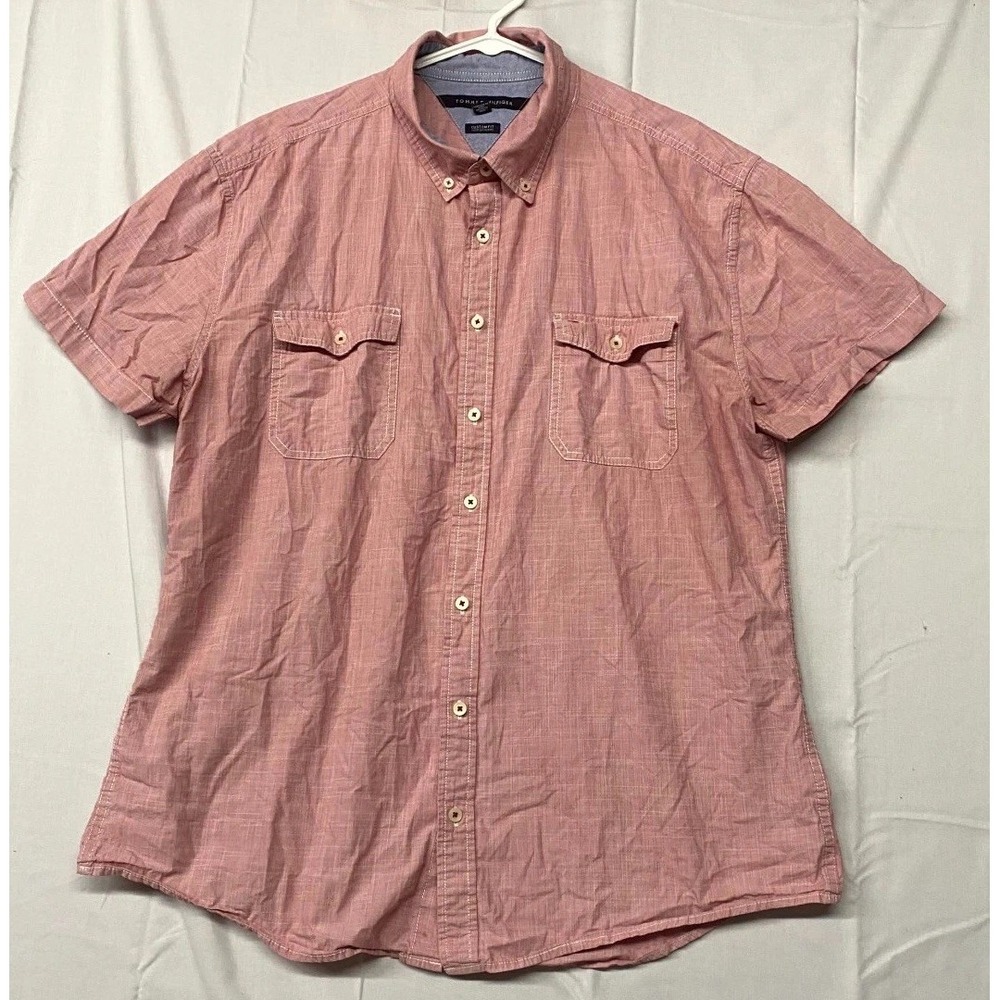Tommy Hilfiger Shirt Mens 2XL Pink Rose Cotton Custom Fit Casual Logo Button
